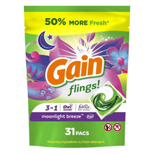 Gain Flings 3-in-1 Oxi Boost and Febreze Laundry Detergent Pacs, Moonlight Breeze Scent, 31 Count
