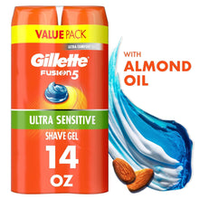 Gillette Fusion Shave Gel, Sensitive Skin Shaving Gel with Almond Oil for Men, 7 oz Pack of 2