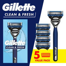 Gillette Mens Razor, Clean & Fresh, Handle + 5 Blade Refills
