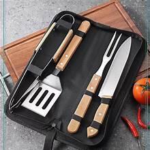 Juego de utensilios para barbacoa de acero inoxidable de alta resistencia, 3 piezas: cuchillo, tenedor y pinzas, con bolsa de transporte y mangos de madera de rosa. 