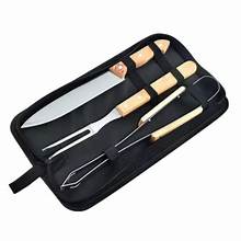 Heavy-Duty Stainless Steel BBQ Grill Tool Set, 3-Piece Knife, Fork, Tongs, with Carry Bag, Rose Wooden Handles