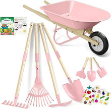 Kids Wheelbarrow Set with Gardening Tools Outdoor Backyard Garden Play for Toddlers Boys Girls 3-8, with Shovel, Rake, Leaf Rake, Easter Birthday Gifts