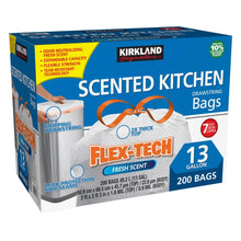 Kirkland Signature Flex-Tech Scented Kitchen Drawstring Bags, 13 gallon size, 200 bags, in blue and white retail packaging with orange and yellow accents.