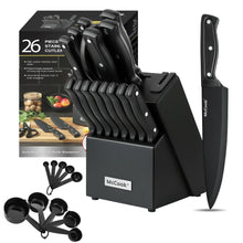 McCook DISHWASHER SAFE MC701 Knife Sets of 26, Stainless Steel Kitchen Knives Block Set with Built-in Knife Sharpener, Measuring Cups and Spoons