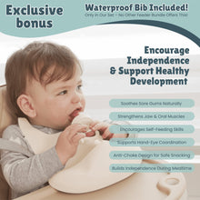 Minie Joo Baby Fruit Feeder, Adjustable Bib, and Breastmilk Popsicle Molds for Teething Relief-3 Pacifier Sizes