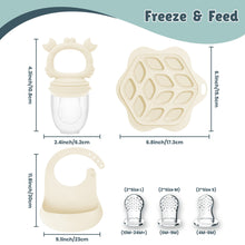 Minie Joo Baby Fruit Feeder, Adjustable Bib, and Breastmilk Popsicle Molds for Teething Relief-3 Pacifier Sizes