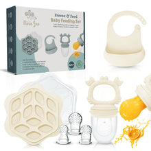 Minie Joo Baby Fruit Feeder, Adjustable Bib, and Breastmilk Popsicle Molds for Teething Relief-3 Pacifier Sizes