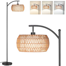 SUNMORY 63'' Dimmable Arc Rattan Floor Lamp, Black Standing Lamp with Rattan & Fabric Double Drum Shade, Boho Farmhouse Tall Lamp for Living Room, Lamps for Bedroom