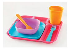 Your Zone 24 Piece Plastic Dinnerware Set for Kids with 4 Each Trays, Bowls, Plates, Cups, Forks in Purple, Pink, Blue, Orange