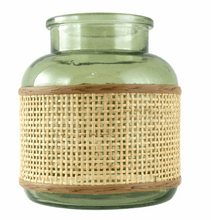 6" Green r Translucent Glass Indoor Tabletop Vase with Natural Rattan Caning Wrap