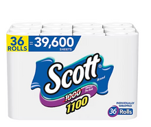 Papel higiénico Scott de 1100 hojas, 1 capa, 36 unidades.