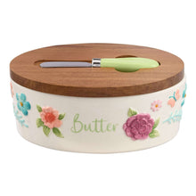 The Pioneer Woman Ceramic Painted Meadow Butter Dish with Acacia Wood Lid and Serving Knife, Best Used for Everyday Kitchen Organization