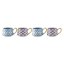 Thyme & Table 4 Pack Blue and Purple Daisy Print Teacup Mugs with Gold Handles 11.8 fl oz, Stoneware