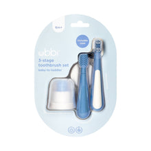 Ubbi 3 pcs Toothbrush Training Set for Babies and Toddlers, Includes Silicone Finger Brush, 360° and Soft Bristled Toothbrush, Polaris Blue
