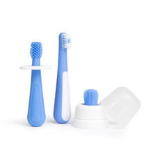 Ubbi 3 pcs Toothbrush Training Set for Babies and Toddlers, Includes Silicone Finger Brush, 360° and Soft Bristled Toothbrush, Polaris Blue
