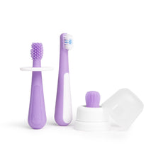 Ubbi 3 pcs Toothbrush Training Set for Babies and Toddlers, Includes Silicone Finger Brush, 360° and Soft Bristled Toothbrush, Smoothie Purple