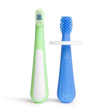 Ubbi Babies and Toddlers Training Toothbrush, Includes One 360° Food-Grade Platinum Silicone and One Soft Bristled Toothbrush, Polaris Blue and Zest Green