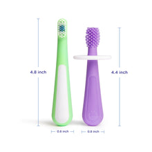 Ubbi Babies and Toddlers Training Toothbrush, Includes One 360° Food-Grade Platinum Silicone and One Soft Bristled Toothbrush,Smoothie Purple and Zest Green