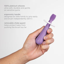 Ubbi Babies and Toddlers Training Toothbrush, Includes One 360° Food-Grade Platinum Silicone and One Soft Bristled Toothbrush,Smoothie Purple and Zest Green