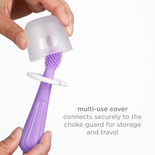 Ubbi Babies and Toddlers Training Toothbrush, Includes One 360° Food-Grade Platinum Silicone and One Soft Bristled Toothbrush,Smoothie Purple and Zest Green