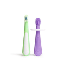 Ubbi Babies and Toddlers Training Toothbrush, Includes One 360° Food-Grade Platinum Silicone and One Soft Bristled Toothbrush,Smoothie Purple and Zest Green