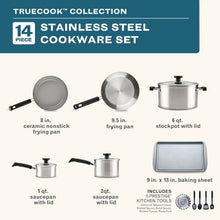 Farberware TrueCook Stainless Steel 14 Pcs Cookware Set, Dishwasher Safe, Metal Utensil and Induction Safe, Stainless Steel