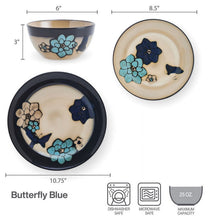 Pfaltzgraff Painted Butterfly Blue 12 Piece Stoneware Dinnerware Set Tan