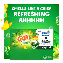 Gain Flings laundry detergent pacs original scent with Oxi boost and Febreze odor remover in green packaging