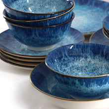 Elama Oceanus 16 Piece Porcelain Double Bowl Dinnerware Set in Blue, Tableware Setting Service for 4