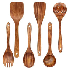 Wooden Spoons for Cooking, AOKIWO 6 PCS Teak Wood Cooking Utensil Set, Kitchen Wooden Finish Utensils Spoons and Spatula Set, Lightweight Nonstick Cookware