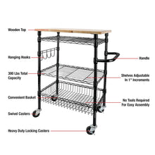 Rubbermaid 3-Tier Heavy Duty Black Rolling Utility Cart with Solid Wood Top, 300lb Capacity