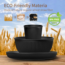 TINANA Wheat Straw Dinnerware Set, Service for 4, 48 PCS Unbreakable Plastic Plates and Bowls Sets, Dishwasher Microwave Safe, Black