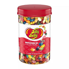 A 9 lb plastic jar of Jelly Belly Signature 30 Collection jelly beans with a red lid and a white and red label featuring the Jelly Belly logo.