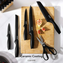 Carote 15-Piece Premium Kitchen Knife Set, Black Ceramic-Coated Blades with Stylish Wooden Block