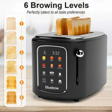 Bluebow 2-Slice Toaster with Touchscreen, 1.5" Wide Slots, 6 Bread Types & Shade Settings, Reheat, Defrost, Cancel, Removable Tray