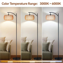 SUNMORY 63'' Dimmable Arc Rattan Floor Lamp, Black Standing Lamp with Rattan & Fabric Double Drum Shade, Boho Farmhouse Tall Lamp for Living Room, Lamps for Bedroom