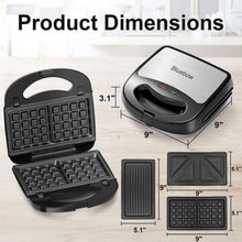 Bluebow 3 in 1 Sandwich Maker, 2 Slice Waffle Maker, Panini Press Grill with Removable Non-Stick Plates, Breakfast Grilled Cheese Maker