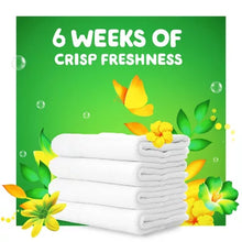 Gain Flings laundry detergent pacs with 6 weeks of crisp freshness and fresh white towels