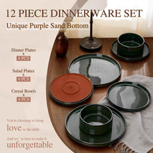 Vesteel 12-Piece Dinnerware Set, Ceramic Tableware Reactive Glaze Plates and Bowls Sets, Healthy Yixing Purple Clay Dishes Set, Dishwasher & Microwave Safe - Blackish Green