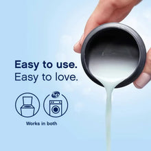 Downy Ultra Infusions fabric conditioner liquid poured from cap with easy to use text and washer icons