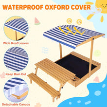 Haverchai Kid Sandbox with Lid, Outdoor Wooden Sand Boxes with Kids Picnic Table, Sandpit with Cover Canopy, Toddler Outdoor Playhouse with 2 Bench, Adjustable Roof & Bottom Liner for Backyard, Beach