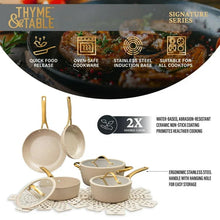Thyme & Table 12-Piece Ceramic Non-Stick Signature Ribbed Cookware Set, Non-Toxic Pots and Pans Set - Taupe