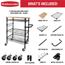 Rubbermaid 3-Tier Heavy Duty Black Rolling Utility Cart with Solid Wood Top, 300lb Capacity