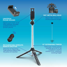 Bower Multi-Pod Max – 67" Extendable Tripod with Universal Phone Holder & Wireless Remote