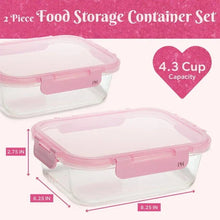 Paris Hilton 2-Piece Glass Food Storage Containers with Lids for Meal Prep, Microwave & Dishwasher Safe, Leak-Proof, 4.3 Cup Capacity, Pink