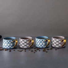 Thyme & Table 4 Pack Blue and Purple Daisy Print Teacup Mugs with Gold Handles 11.8 fl oz, Stoneware