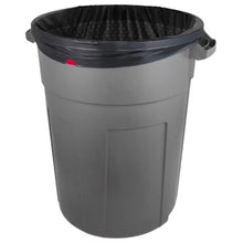 33 gallon drawstring trash bags fitted inside gray commercial round trash can for heavy duty use