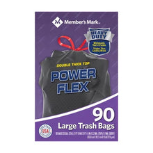 Members Mark Power Flex heavy duty 90 count 33 gallon drawstring trash bags package with red drawstring