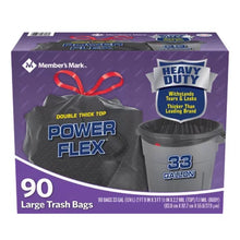 Members Mark heavy duty 90 count black 33 gallon drawstring trash bags Power Flex box