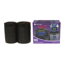 Box and two rolls of black 33 gallon drawstring trash bags 90 count heavy duty Power Flex packaging